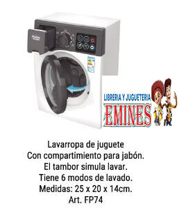 "LAVARROPA DE JUGUETE CON COMPARTIMIENTO PARA JABÓN. EL TAMBOR SIMULA LAVAR. TIENE 6 MODOS DE LAVADO. MEDIDAS PACKAGING 25 X 20 X 14 CM"