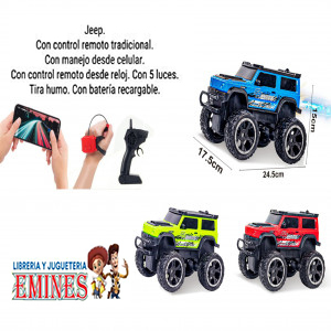 "JEEP CON CONTROL REMOTO TRADICIONAL, CONTROL DESDE EL CELULAR Y CONTROL DESDE RELOJ. CON 5 LUCES, BATERÍA RECARGABLE. TIRA HUMO MEDIDAS PACKAGING: 19 X 32 X 19 CM"