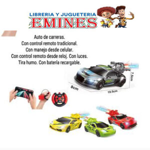 "COCHE DE CARRERAS DE VELOCIDAD CON CONTROL REMOTO TRADICIONAL, CON CONTROL DESDE EL CELULAR Y CONTROL DESDE RELOJ. CON LUCES Y BATERÍA RECARGABLE. TIRA HUMO. MEDIDAS PACKAGING: 12 X 24,5 X 12 CM"