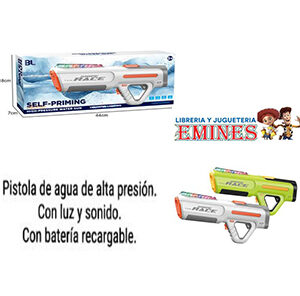 "PISTOLA DE AGUA DE ALTA PRESION CON LUZ Y SONIDO CON BATERIA RECARGABLE MEDIDAS PACKAGING 18 X 44 X 7 CM"